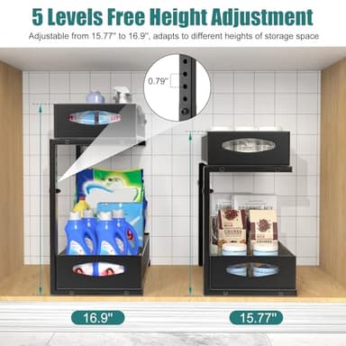 Housolution 2 Pack Under Sink Organizer, 2 Tier Metal Pull Out Under Sink Storage with Sliding Mesh Drawers, Height Adjustable Slide Out Under Sink Organizer for Kitchen Bathroom Cabinet, Black - Image 3