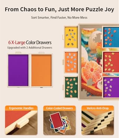 Join&Joy 1500 Piece Puzzle Board Pro, with 6 Drawers & Cover, 34" x 25", Sort-Wise Colorful Felt Drawers, Wooden Jigsaw Puzzle Board, Birthday Gifts for Mom - Image 3