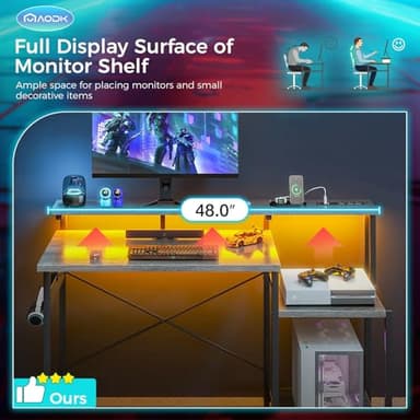 AODK Computer Desk, 48 Inch Gaming Desk with Led Lights & Power Outlet, Office Desk with Storage Shelves, Reversible Desk with Monitor Shelf & Headphone Hook, Grey Oak - Image 7