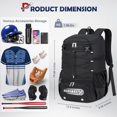 Baseball Bag for Youth & Adult Lightweight Softball Bat Bag with Shoe Compartment, External Helmet Holder and Fence Hook Waterproof Baseball Backpack Hold T-Ball, Bat and Softball Equipment, Black - Image 5