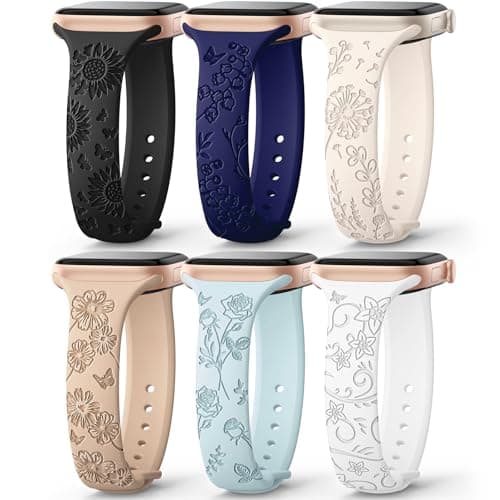 AMSKY 6 Pack Slim Floral Engraved Bands Compatible with Apple Watch Band 40mm 41mm 42mm 38mm 44mm 45mm 46mm 49mm for Women,Cute Silicone Sport Strap for iWatch Series 10 Ultra 9 8 7 6 5 4 3 2 1 SE - Image 1