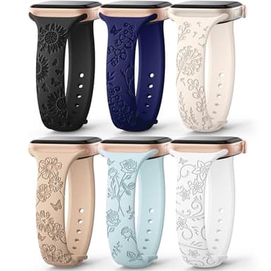 AMSKY 6 Pack Slim Floral Engraved Bands Compatible with Apple Watch Band 40mm 41mm 42mm 38mm 44mm 45mm 46mm 49mm for Women,Cute Silicone Sport Strap for iWatch Series 10 Ultra 9 8 7 6 5 4 3 2 1 SE - Image 1