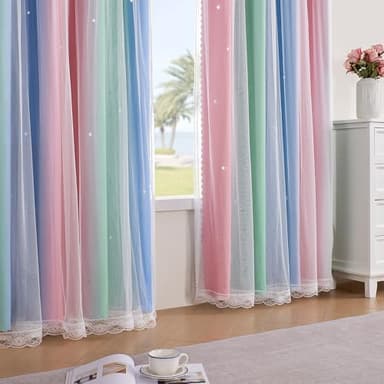XiDi Pink & Rainbow Curtains for Kids & Girl Rooms - Blackout, Unicorn Wall Decals, Blue & Green, 34x84 Inch - Image 3