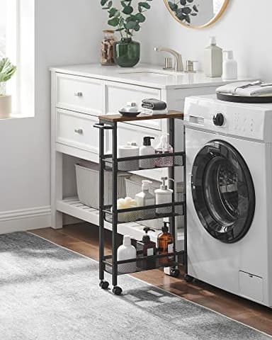 VASAGLE Slim Rolling Cart, 4-Tier Narrow Storage Cart with Handle, 5.1 Inches Deep, Metal Frame, for Kitchen, Dining Room, Living Room, Home Office, Rustic Brown and Classic Black ULRC032B01V1 - Image 3
