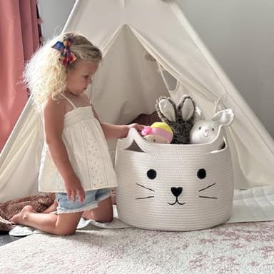 HiChen Large Woven Cotton Rope Storage Basket, Baby Laundry Basket Organizer for Towels, Blanket, Toys, Clothes, Gifts | Pet Gift Baskets for Cat, Dog - 15.7" L×11.8" H - Image 2