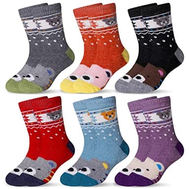 Eocom 6 Pairs Children's Winter Warm Wool Animal Crew Socks Kids Boys Girls Socks (6 Pairs Bear, 4-7 Years) - Image 1
