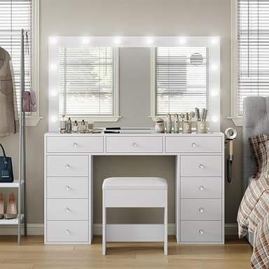 White Vanity Desk with Illuminated Mirror & Power Outlet, 11 Drawers Vanity Table with Chair, Makeup Vanity with 12 LED Lights, Tempered Glass Top, Dressing Table for Bedroom,Dressing Room - Image 1