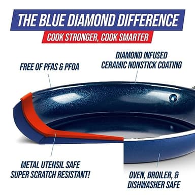 Blue Diamond 12" Nonstick Frying Pan with Lid, Diamond Infused PFAS & PTFE-Free Ceramic Skillet, Dishwasher & Oven Safe, Stay Cool Handle, Durable Non Toxic Metal Utensil Safe, Glass Lid, Blue - Image 3