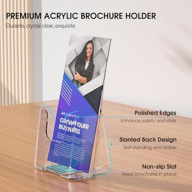 KTRIO Acrylic Brochure Holder 4x9 Inches 2 Pack, Clear Pamphlet Display Stand Plastic Flyer Holders for Booklets, Menu, Journals, Wall Mount or Countertop Use - Image 2