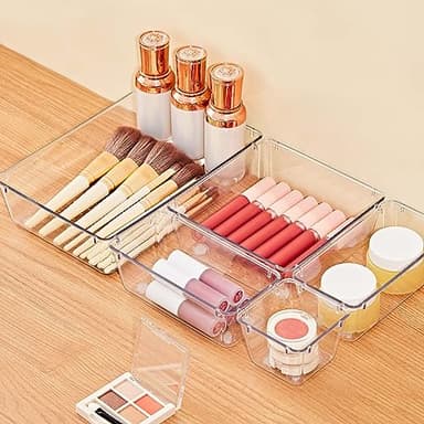 SMARTAKE 13-Piece Drawer Organizers with Non-Slip Silicone Pads, 5-Size Desk Bathroom Drawer Organizer Trays Storage Tray for Makeup, Jewelries, Utensils in Bedroom Dresser, Office and Kitchen, Clear - Image 2