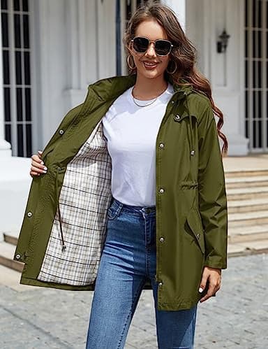 LOMON Women Rain Jacket Lightweight Hooded Jackets Women Lined Trench Coats Waterproof Outdoor Hiking Raincoat Amy Green S (Cute Plaid Lining) - Image 5