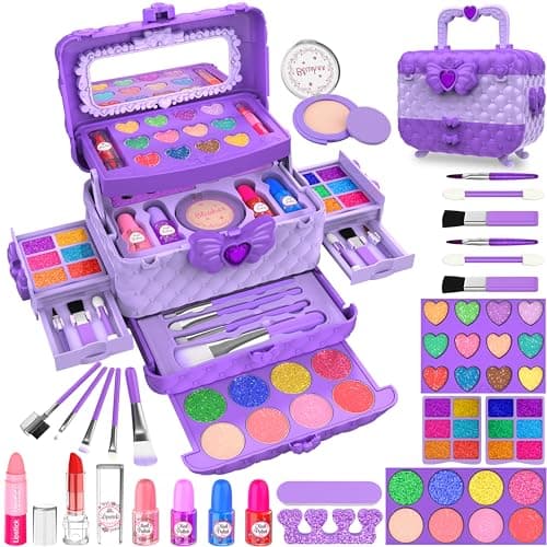 54 Pcs Kids Makeup Kit for Girls, Princess Real Washable Pretend Play Cosmetic Set Toys with Mirror, Birthday Gifts for 3 4 5 6 7 8 9 10 Years Old Girls Kids (Purple) - Image 1