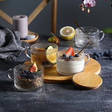 LANDNEOO 12pcs Set Irish Coffee Glasses, Vintage Coffee Mugs, Overnight Oats Containers with Bamboo Lids and Spoons - 14oz Clear Embossed Glass Cups, Cute Coffee Bar Accessories, Iced Coffee Glasses - Image 3