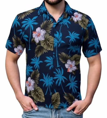 Mens Hawaiian Shirts Tops Short Sleeve Floral Button Down Beach Shirt Vintage Tropical Palm Summer Lightweight Blouses Male Navy Blue - Image 1