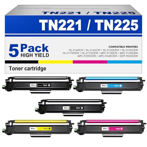 TN221 TN225 Toner Cartridge: MFC-9130cw Toner Replacement for Brother TN221/225 Toner Cartridge 5 Pack Compatible with MFC-9130cw HL-3170CDW MFC-9340CDW MFC-9330CDW HL-3140CW Printer, with 2 TN221BK - Image 1