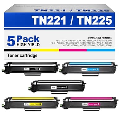 TN221 TN225 Toner Cartridge: MFC-9130cw Toner Replacement for Brother TN221/225 Toner Cartridge 5 Pack Compatible with MFC-9130cw HL-3170CDW MFC-9340CDW MFC-9330CDW HL-3140CW Printer, with 2 TN221BK - Image 1