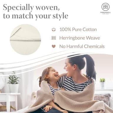 Threadmill Luxury Cotton Blankets for King Size Bed | All-Season Cozy 100% Cotton King Size Blanket | Herringbone Soft Fall Thermal Blanket fits Cal King Size Bed | Tusk White - Image 3