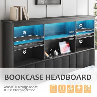 HISOFT Queen Bed Frame with Storage Headboard, Wood Bed with High Storage Bookcase, 4 Drawers & LED & Charging Station,No Box Spring Needed/Noise Free/All-Metal Support, Rustic Grey - Image 4