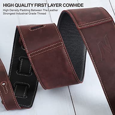 Nefelibata 3" Guitar Strap in First Layer Leather with Foam Padding and Cable Storage Loops for Bass, Electric and Acoustic Guitars (Vintage Burgundy) - Image 5