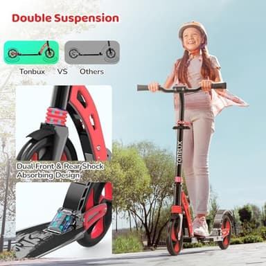 TONBUX Kick Scooter for Ages 6+, Dual Suspension Kids Scooter with Lightweight Aluminum Frame, Adjustable Handlebar Scooters for Kids, Teens and Adults (Black+Red) - Image 2