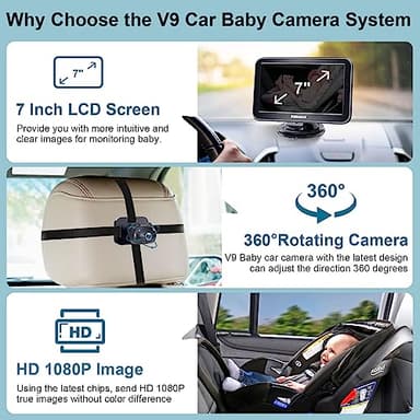 DoHonest Baby Car Camera 7-Inch: USB Plug and Play Easy Setup 360 Degree Rotating Backseat Camera Two Kids HD 1080P Rear Facing Car Seat Cameras Clear Night Vision -V9 - Image 2