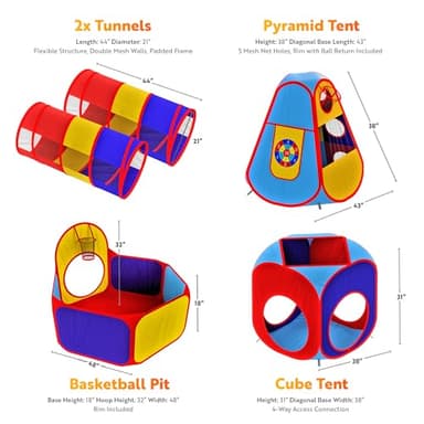 Playz 5pc Kids' Play Tents & Tunnels - Ball Pit for Toddlers, Basketball Hoop, Crawling Tubes, Pop-Up Playhouses, Baby Obstacle Course for Indoor or Outdoor Use - Image 2