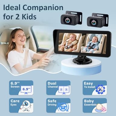 2-Kids Baby Car Camera for Seat: 6.9 Inch Ultrawide Display with Two Cameras Rear Facing - USB Powered Backseat Camera HD 1080P Easy to Install - Image 3