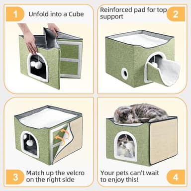 Purr&Knead Cat Bed for Indoor Cats with Large Replaceable Scratch Pad, Cat Cave with Hanging Toy Ball, Foldable Cat Hideaway, Covered Cat Bed Cave for Cat House(Green) - Image 8
