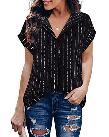 Timeson Ladies Tops and Blouses,Collared V Neck Work Shirts for Women Short Sleeve Business Casual Tops Women Professional Work Clothes Loose Fit Summer Chiffon Tunics Tops Sheer Silk Black Stripe S - Image 2