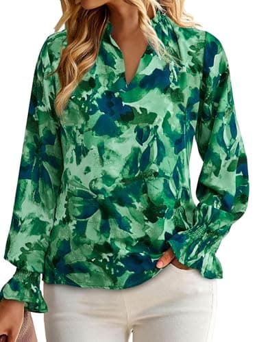 MASCOMODA Womens V Neck Floral Long Sleeve Tops 2025 Summer Casual Loose Puff Sleeve Chiffon Boho Work Blouse Dressy T Shirts(Green Flower,X-Large) - Image 3