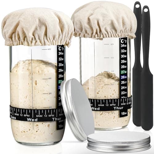 DWTS DANWEITESI Sourdough Starter Jar with Date Marked Feeding Band, Thermometer, Sourdough Fermentation Jar Scraper, Sewn Cloth Cover & Aluminum Lid, Sourdough Starter Kit Reusable(2pcs/24oz) - Image 1