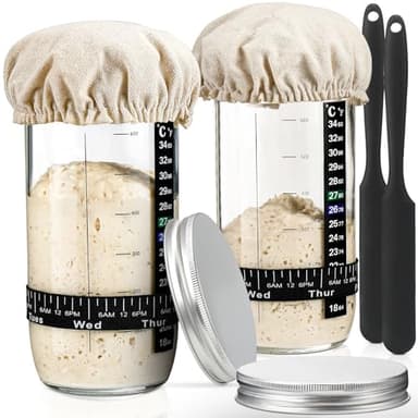 DWTS DANWEITESI Sourdough Starter Jar with Date Marked Feeding Band, Thermometer, Sourdough Fermentation Jar Scraper, Sewn Cloth Cover & Aluminum Lid, Sourdough Starter Kit Reusable(2pcs/24oz) - Image 1