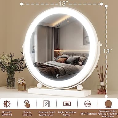 ROLOVE 13 Inch Vanity Mirror with Lights, Round Make Up Mirror with Lighting, LED Mirror Makeup Mirror with Lights for Bedroom Tabletop, Smart Touch Control, 360° Rotation (White) - Image 4