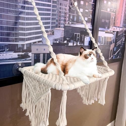 TOYAFUN Cat Window Perch for Indoor Cats - Breathable Hammock with 4 Strong Suction Cups - Boho Bed with Solid Metal Frame for Cats & Kittens Inside - Maximum Hold Up to 40lbs