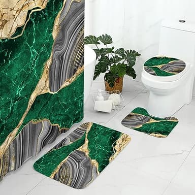 Gibelle 4 Pcs Marble Shower Curtain Set with Non-Slip Rugs, Toilet Lid Cover and Bath Mat, Luxury Emerald Green Bathroom Decor Set with Shower Curtain and Rugs and Accessories - Image 2