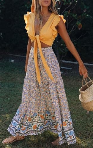 ZESICA Women's 2025 Summer Bohemian Floral Printed Elastic Waist A Line Maxi Skirt with Pockets,Cream,Large - Image 7