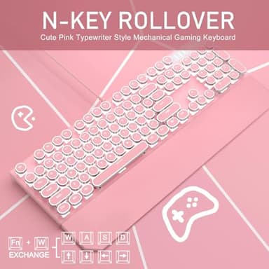 Camiysn Typewriter Style Mechanical Gaming Keyboard, Pink Retro Punk Gaming Keyboard with White Backlit, 104 Keys Blue Switch Wired Cute Keyboards, Round Keycaps for Windows/Mac/PC - Image 2