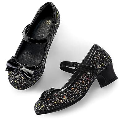 K KomForme Girl's Dress Shoes Mary Jane Glitter 1.5 in Low Heel Wedding Party Princess Shoes for Toddler/Little/Big Kids Black - Image 2