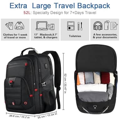 Z-MGKISS Extra Large Travel Backpack, 52L TSA Backpack 17.3 Inch, Anti-Theft 17 Inch Big Business Laptop Backpack for Men & Women, Water Resistant College Rucksack Bag with USB Port, Black - Image 3