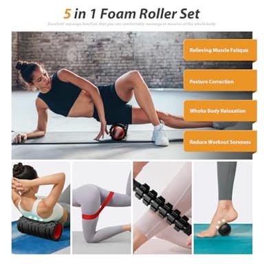 5 in1 Foam Roller Set, Trigger Point Foam Roller, Massage Roller Stick, Massage Ball, Resistance Band for Deep Muscle Massage Pilates Yoga,Fitness Exercise for Whole Body (Black-Red) - Image 2