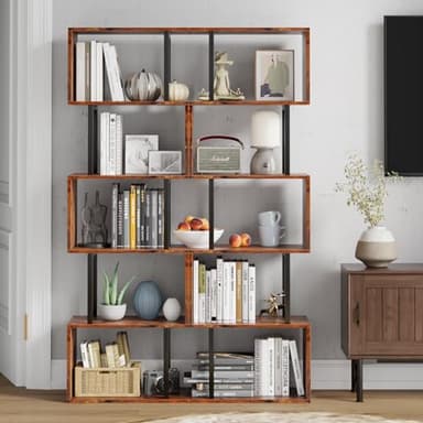 Furologee 6 Tier Bookshelf, Tall S Shaped Geometric Bookcase, Modern Display Shelf Standing Unit, Wood Metal Decorative Divider Rack for Living Room Bedroom Office, Rustic Brown - Image 7