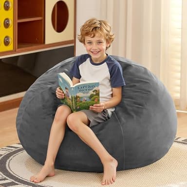 HABUTWAY 2FT Bean Bag Chair, 2' Beanbags Small Bean Bag Chairs with Filling, Teardrop Bean Bag Chair Luxurious Velvet Ultra Soft Fur with Removable Cover (Grey) - Image 2