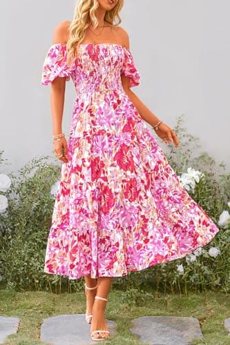 PRETTYGARDEN Women's Casual Summer Midi Dress Puffy Short Sleeve Square Neck Smocked Tiered Ruffle Dresses (Floral Rose Red,Medium) - Image 3