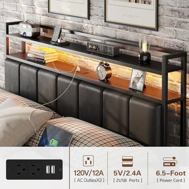 Twin Size Bed Frame with Charging Station and LED Lights, Metal Bed Frame with Headboard, Black Upholstered Headboard with 2-Tier Storage Shelves, Noise Free, No Box Spring Needed, Black - Image 6