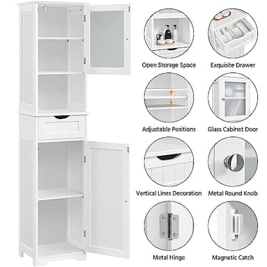 Yaheetech Tall Bathroom Storage Cabinet 67″, Wooden Floor Cabinet with Glass Door, Freestanding StorageOrganizer with Adjustable Shelves, 1 Drawer and Open Storage for Bathroom, Kitchen, Living Room - Image 4