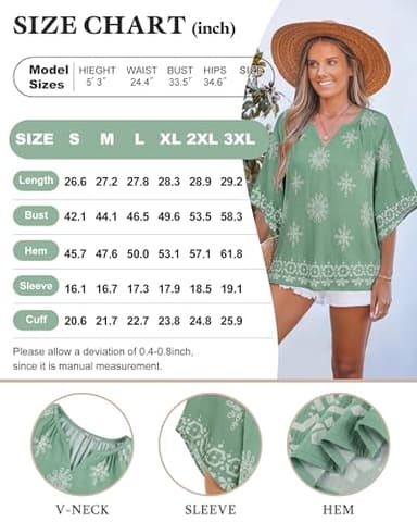 Bebonnie Ladies Tunic Tops and Blouses: 3/4 Sleeve Dressy Casual V Neck Boho Tops - Summer Linen Beach Vacation Clothes - Fancy Blouses for Women Elegant Light Green XXL - Image 6