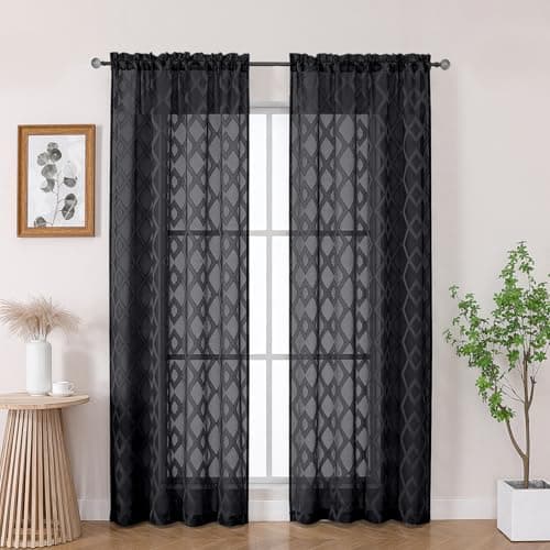 OWENIE Sheer Black Curtains 84 Inches Long 2 Panels Set for Bedroom, Light Filtering Geometric Jacquard Clip Textured Window Curtain, Modern Farmhouse Curtains for Living Room, Total Wide 84" Inch - Image 1