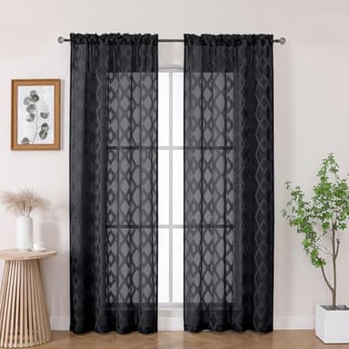 OWENIE Sheer Black Curtains 84 Inches Long 2 Panels Set for Bedroom, Light Filtering Geometric Jacquard Clip Textured Window Curtain, Modern Farmhouse Curtains for Living Room, Total Wide 84" Inch - Image 1
