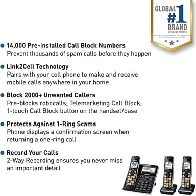 Panasonic Cordless Phone with Advanced Call Block, Link2Cell Bluetooth, One-Ring Scam Alert, and 2-Way Recording with Answering Machine, 3 Handsets - KX-TGF973B (Black with Silver Trim) - Image 2