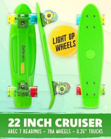 Deleven 22" Skateboard with Bright LED Wheels, Skate Tool, ABEC 7 Bearings - for Kids Beginners Adults - Image 2